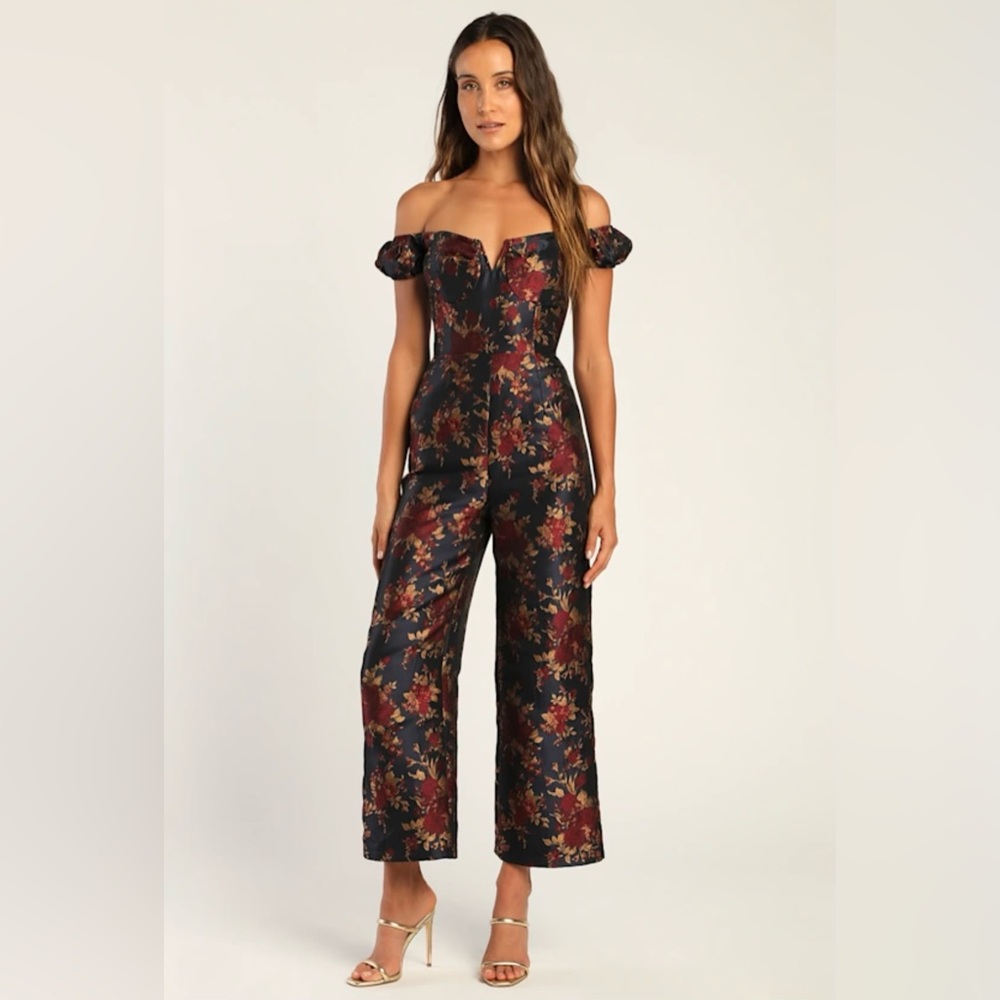 Lulus - New Glam Midnight Blue Floral Jacquard Off-the-Shoulder Jumpsuit